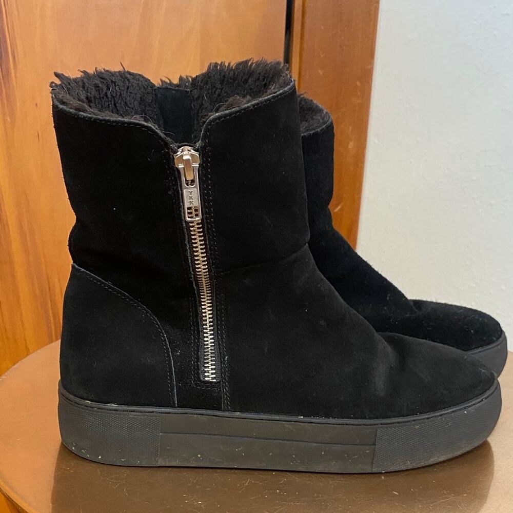 J Slides Tristan Black Suede Leather Winter Boots Furry Lind Zippers Black Sole